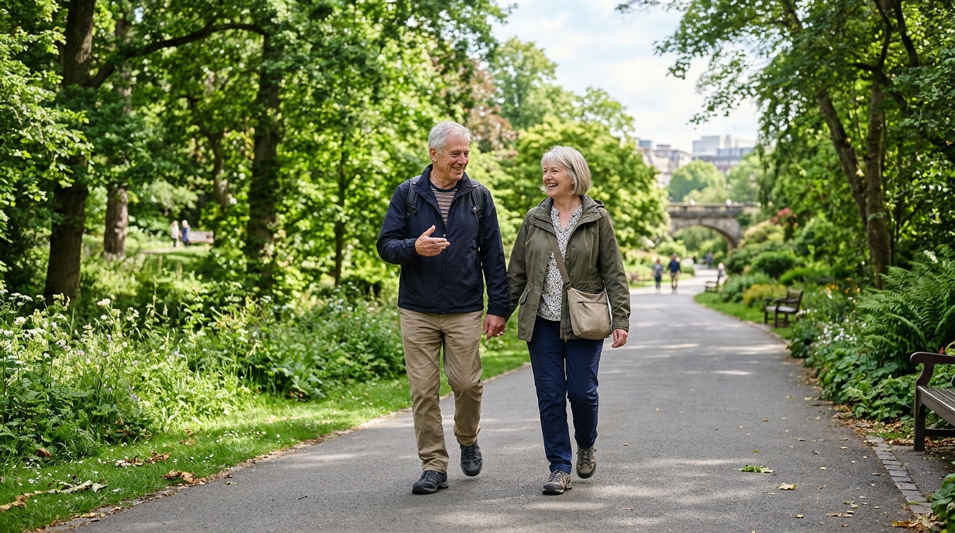 Erwachsene spazieren im Park auf gepflastertem Weg